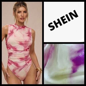 SHEIN Pink & White Tie-Dye High Neck One-Piece Swim